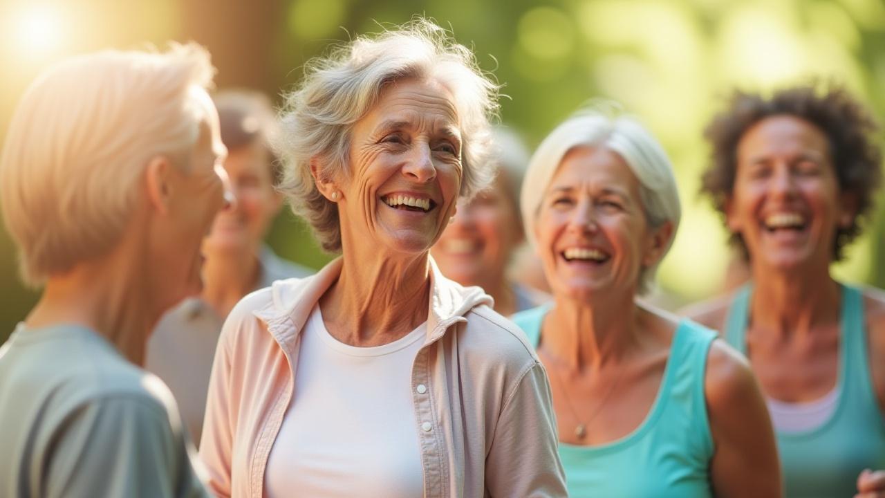 Collage of diverse, happy adults (35+) actively engaging in wellness activities, smiling and connecting.