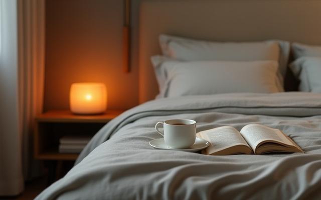A serene bedroom scene with soft lighting and a meditation cushion
