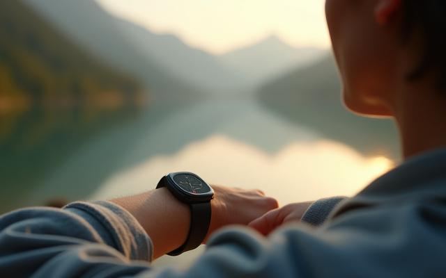 A person wearing a sleek smartwatch, tracking their activity