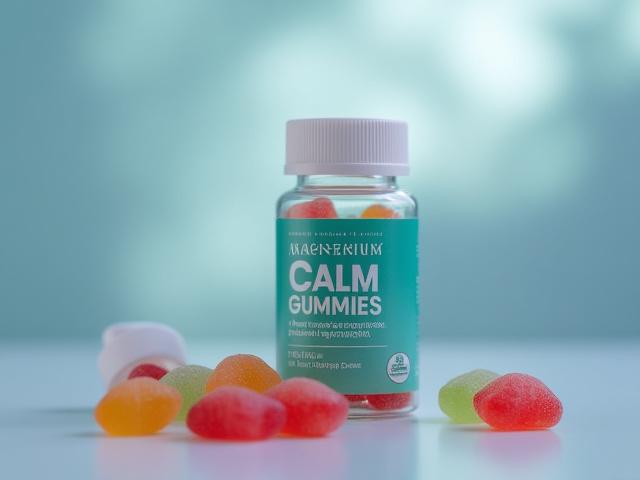 A bottle of magnesium calm gummies with a relaxed, soothing background
