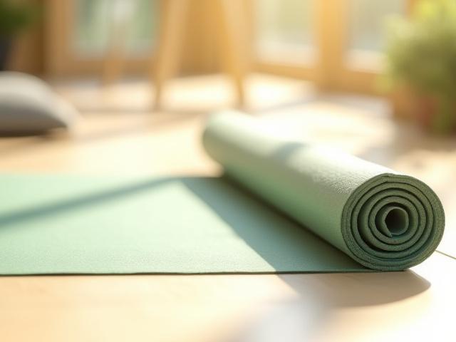 A high-quality yoga mat unrolled on a wooden floor with dappled sunlight