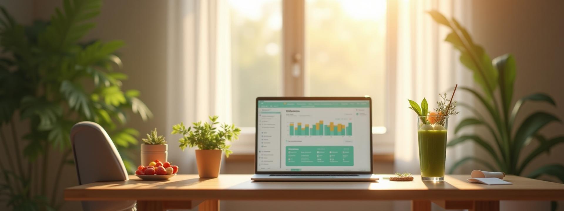 Serene, well-organized home office space with lush plants and a healthy smoothie, evoking calm productivity.